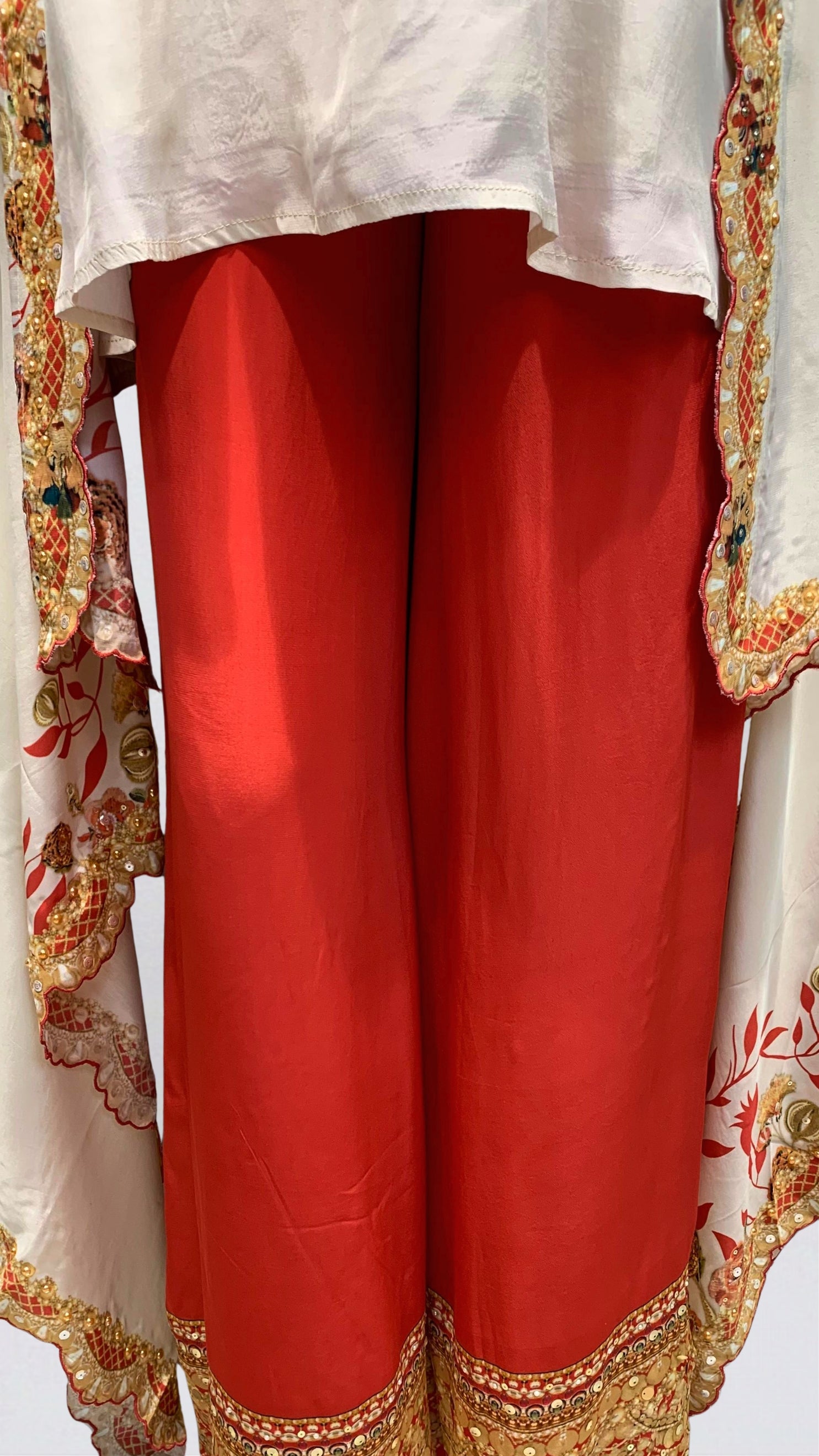 Beige & Red Digital Printed Crepe Coord Set with Cape Embellished with Pearl, Sequins & Sippi